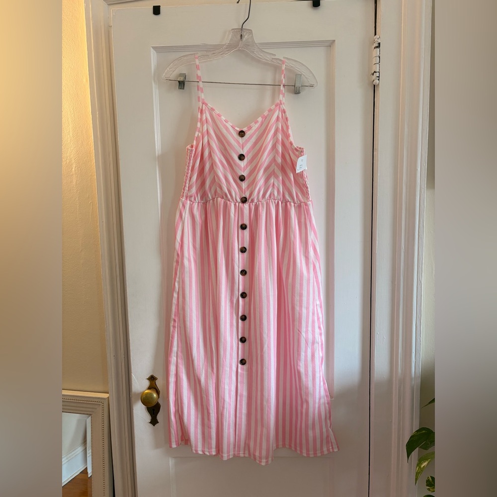 Pink Striped Button-Front Casual Sundress 3X